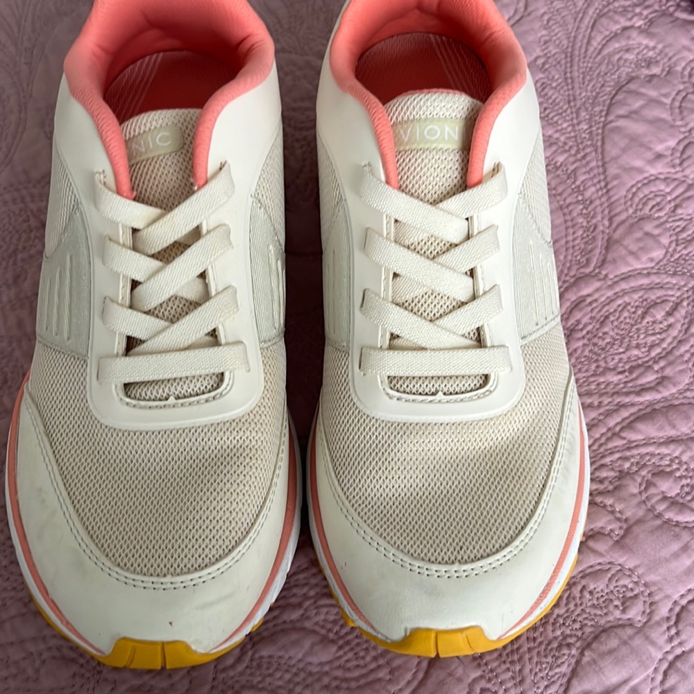 Vionic Women's Athletic Sneakers in White with Pink and Yellow Accents